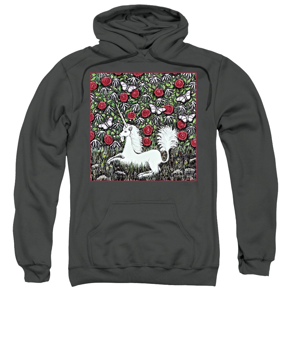 Lise Winne Sweatshirt featuring the digital art Unicorn with Red Roses and Butterflies by Lise Winne