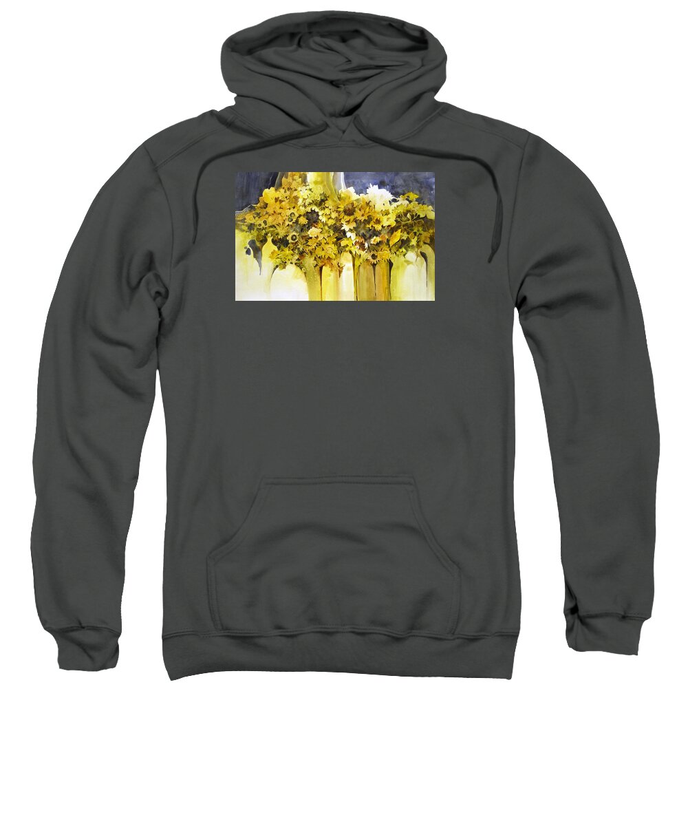 Yellow Flowers;sunflowers;vases;floral;contemporary Floral; Sweatshirt featuring the painting Vases Full of Blooms  by Lois Mountz