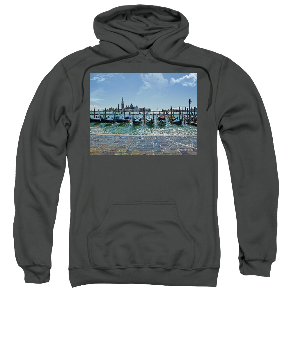 Venetian Gondolas Sweatshirt featuring the photograph Venice gondolas - morning by Maria Rabinky
