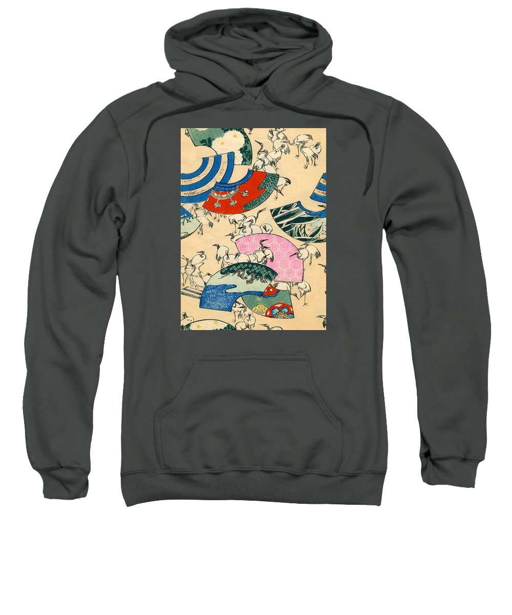 Japanese Sweatshirt featuring the painting Vintage Japanese illustration of fans and cranes by Japanese School