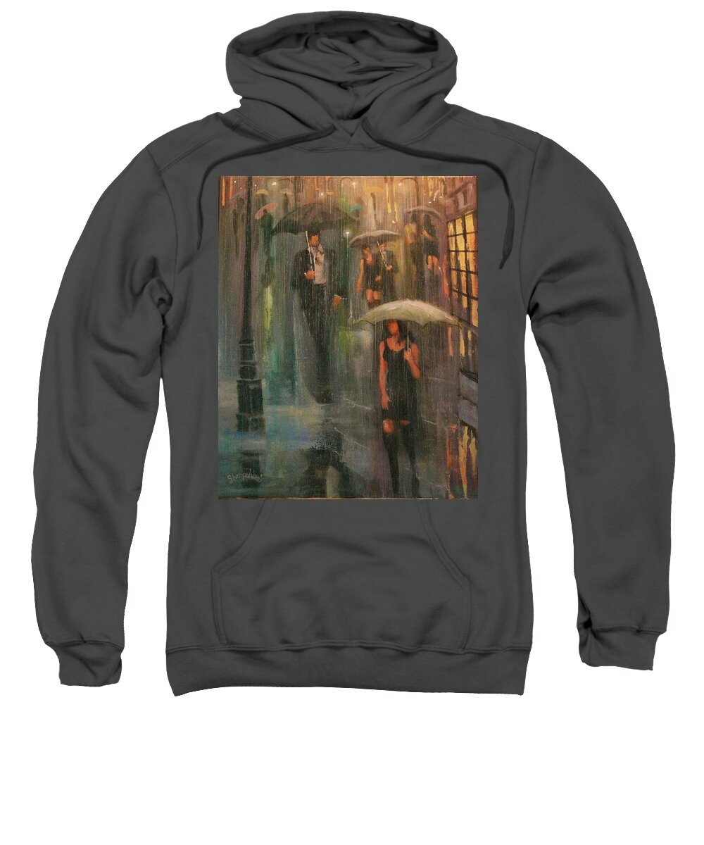  Downpour Sweatshirt featuring the painting Walking in the Rain by Tom Shropshire