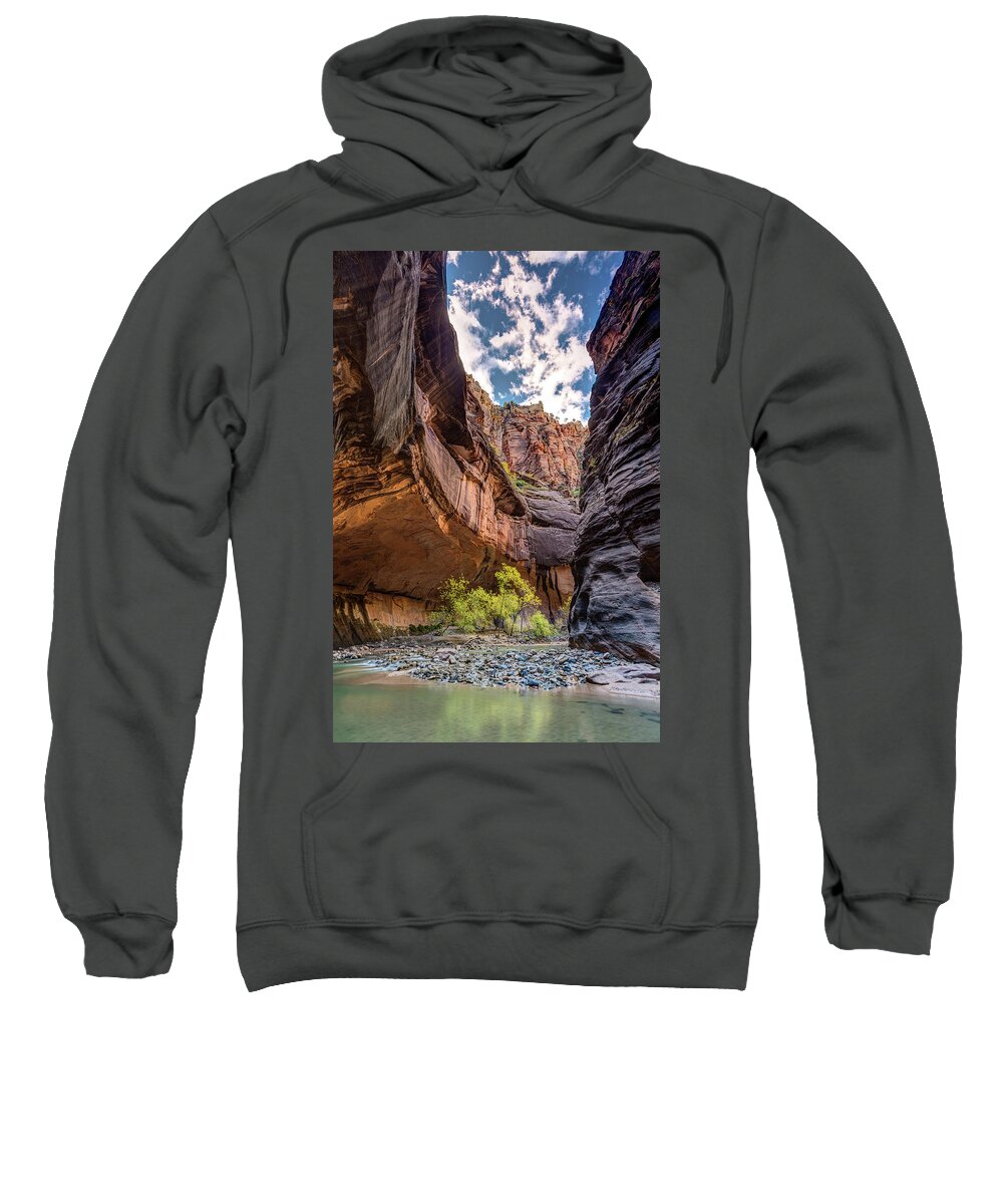 Zion Sweatshirt featuring the photograph Walking in the Virgin river of Zion National Park by Pierre Leclerc Photography