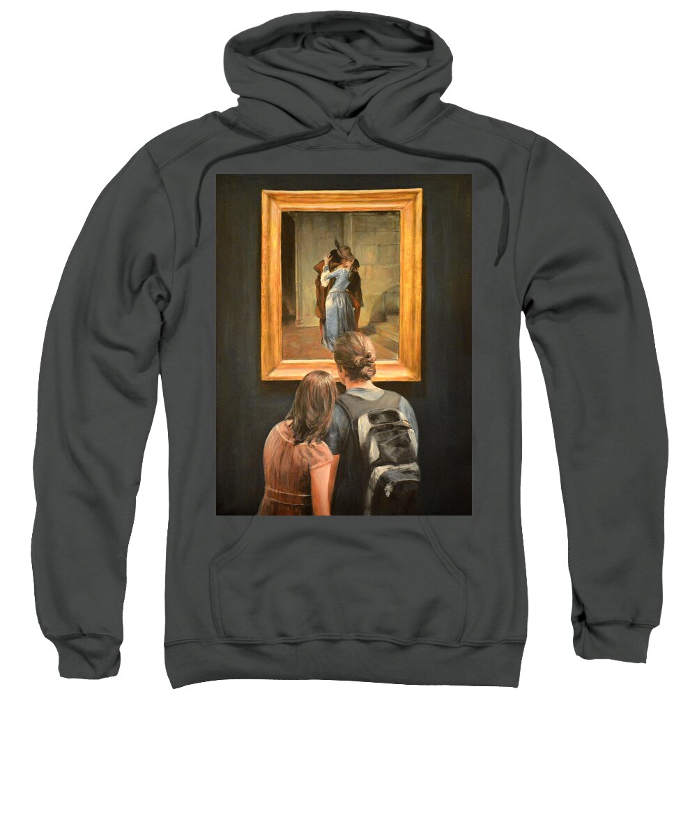 Watching Il Bacio ( The Kiss By Francesco Hayez) Sweatshirt featuring the painting Watching Il Bacio The Kiss by Francesco Hayez by Escha Van den bogerd