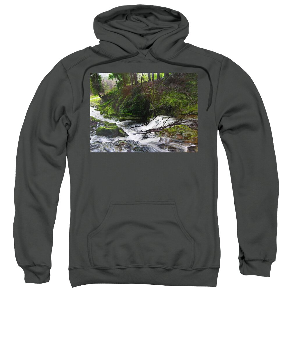 Landscape Sweatshirt featuring the painting Waterfall near Tallybont-on-Usk Wales by Harry Robertson