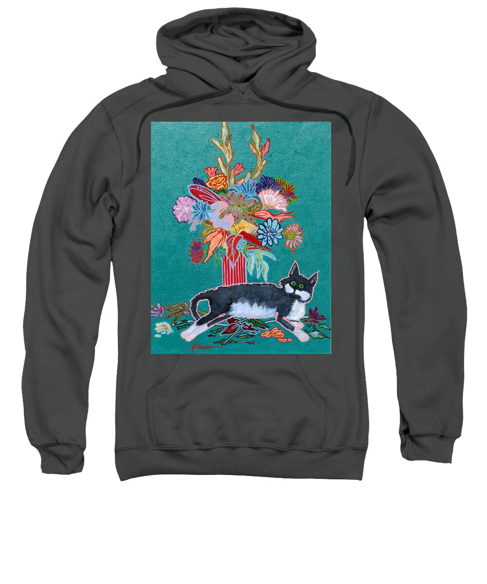 Cats Sweatshirt featuring the painting What Flowers by Adele Bower