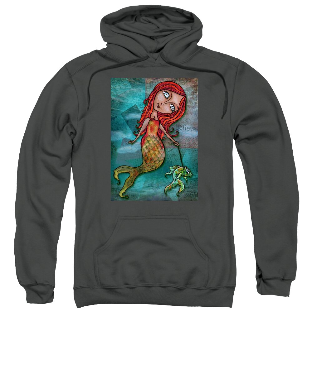 Mermaid Sweatshirt featuring the digital art Whimsical Mermaid Walking Fish by Laura Ostrowski