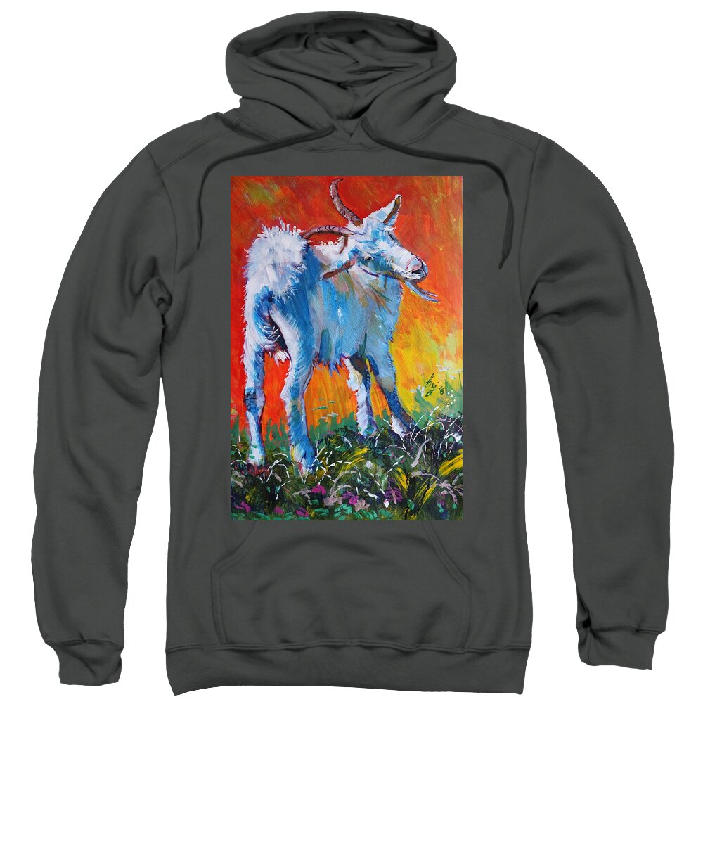 Goat Sweatshirt featuring the painting White Goat Painting - Scratching My Back by Mike Jory