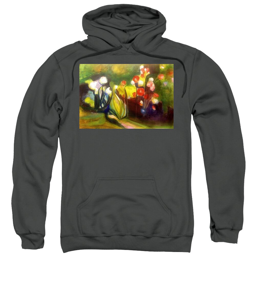 Garden Sweatshirt featuring the painting Warm Flowers in a Cool Garden by Nicolas Bouteneff