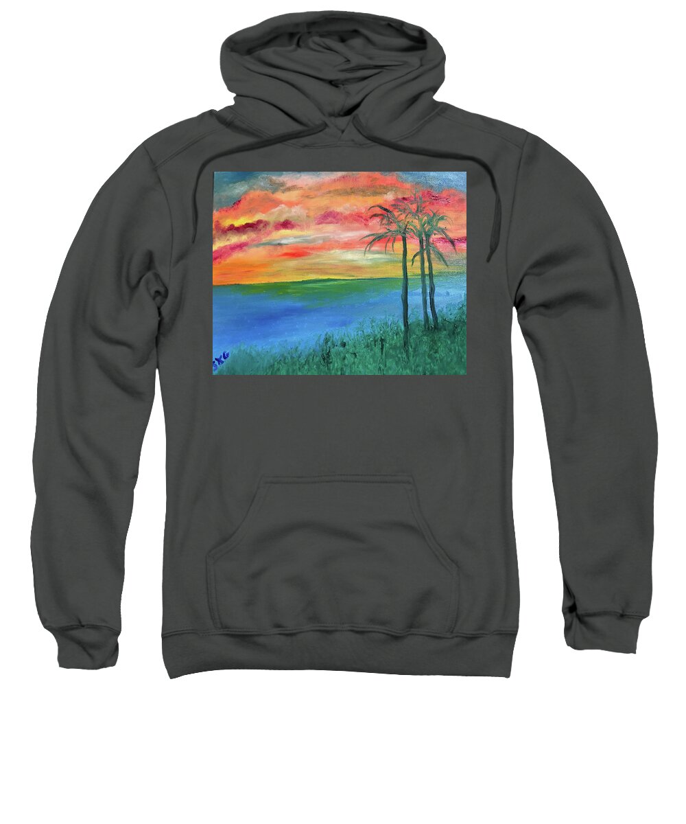 Sunset Sweatshirt featuring the painting Sunset with Palm Trees by Susan Grunin
