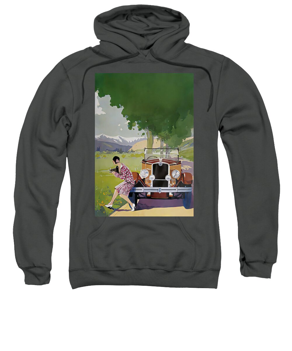 Vintage Sweatshirt featuring the mixed media 1929 Woman Photographer With Touring Car In Country Setting Original French Art Deco Illustration by Retrographs
