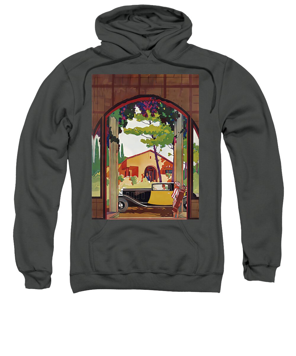 Vintage Sweatshirt featuring the mixed media 1933 Coupe With Woman Driver And Golf Partners Original French Art Deco Illustration by Retrographs