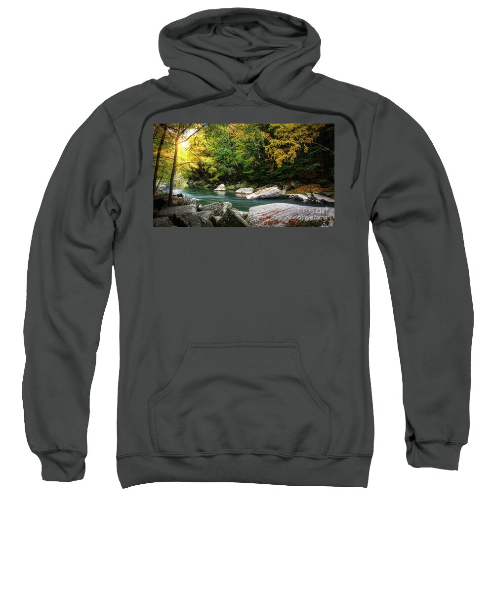 Autumn Sweatshirt featuring the digital art A beautiful stream with autumn colors at McConnell's Mil by Amy Cicconi