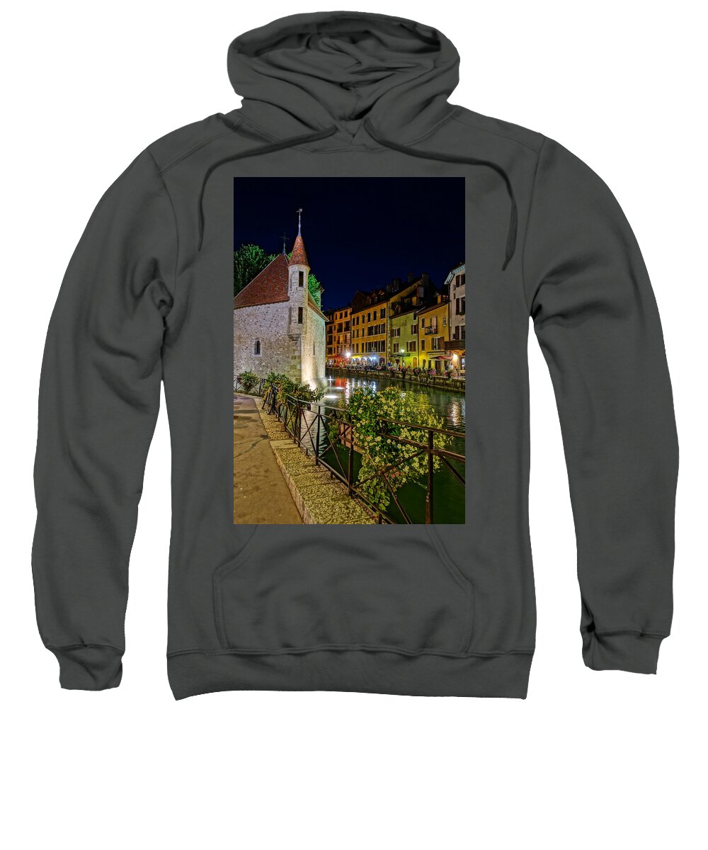 Canal Sweatshirt featuring the photograph Annecy Canal at Night by Patricia Caron