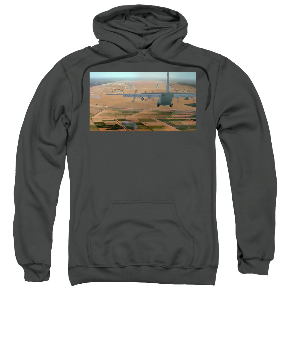 C-130 Sweatshirt featuring the digital art Alarm Red with Faux Firefly Blue Matting by Michael Brooks