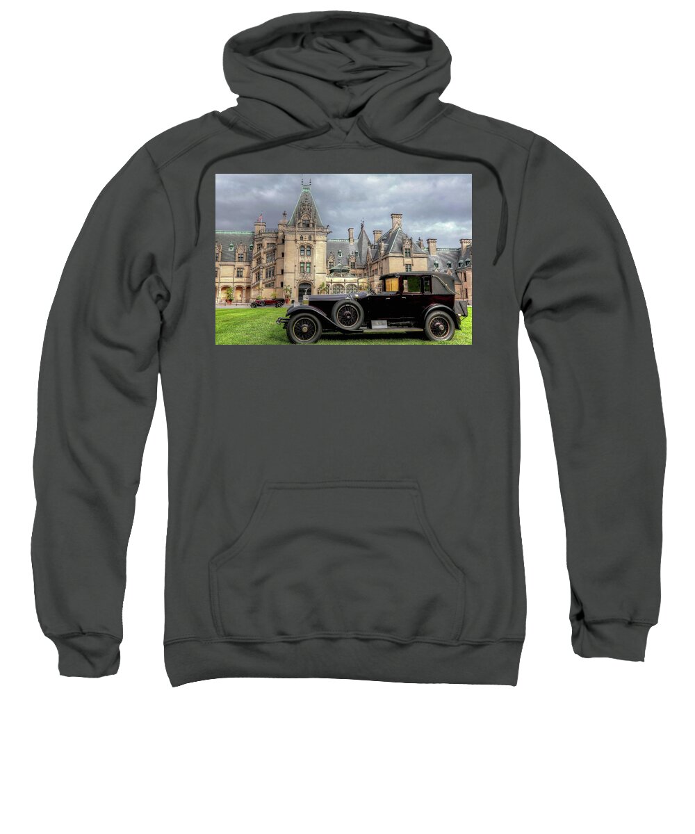 Silver Ghost Rolls Royce Sweatshirt featuring the photograph Biltmore House and Two Rolls Royce by Carol Montoya