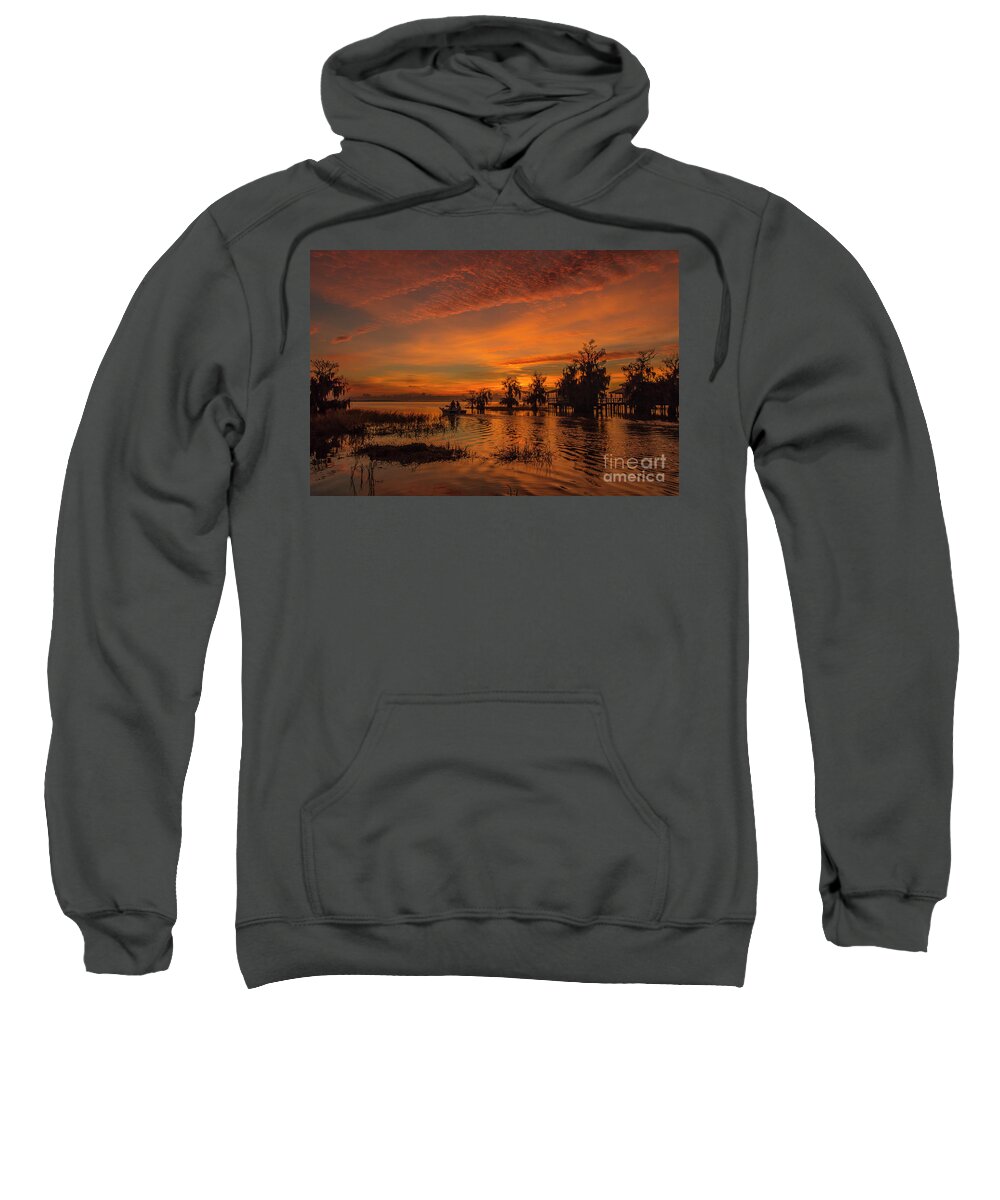 Sun Sweatshirt featuring the photograph Blue Cypress Sunrise with Boat by Tom Claud