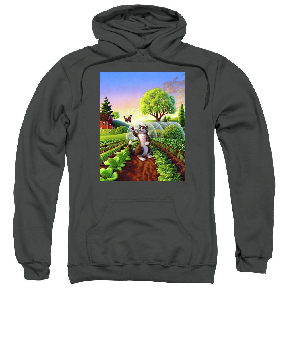 Cat Sweatshirt featuring the painting Cat and the Butterfly by Robin Moline