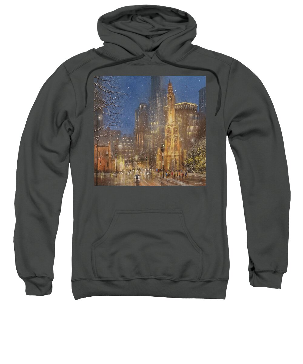 Snow Scene Sweatshirt featuring the painting Chicago Water Tower by Tom Shropshire