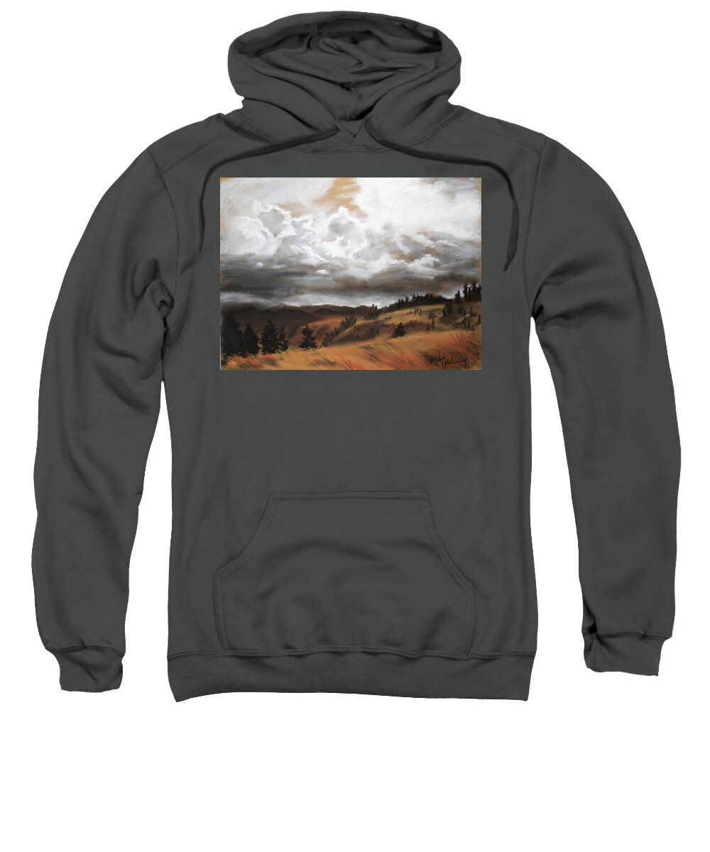 Charcoal Sweatshirt featuring the drawing Clouds Above the Southfork by Jordan Henderson