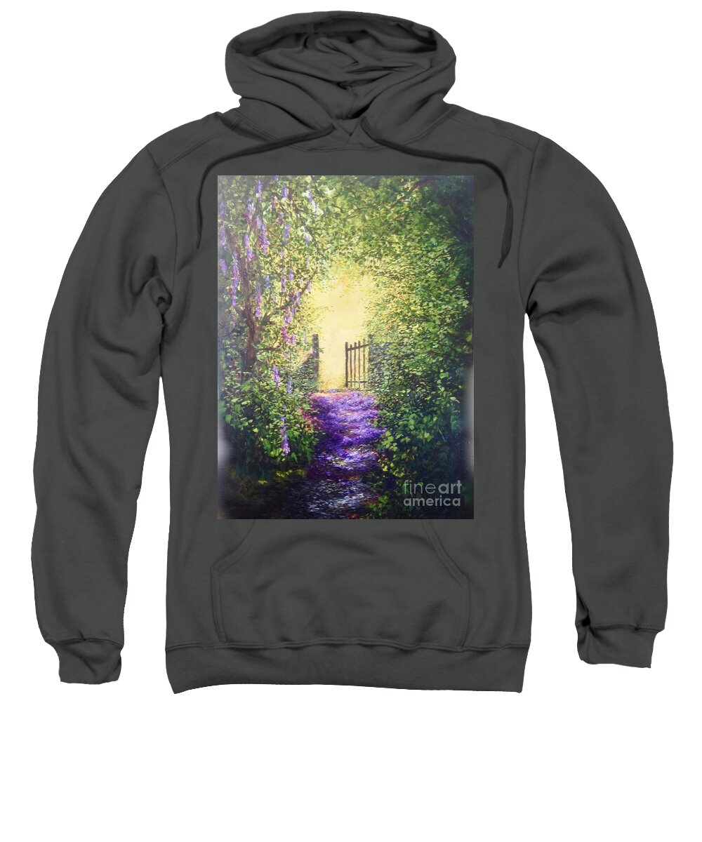 Petals Sweatshirt featuring the painting Cotswolds Pathway of Petals to an open Gate and into the sunshine beyong by Lizzy Forrester