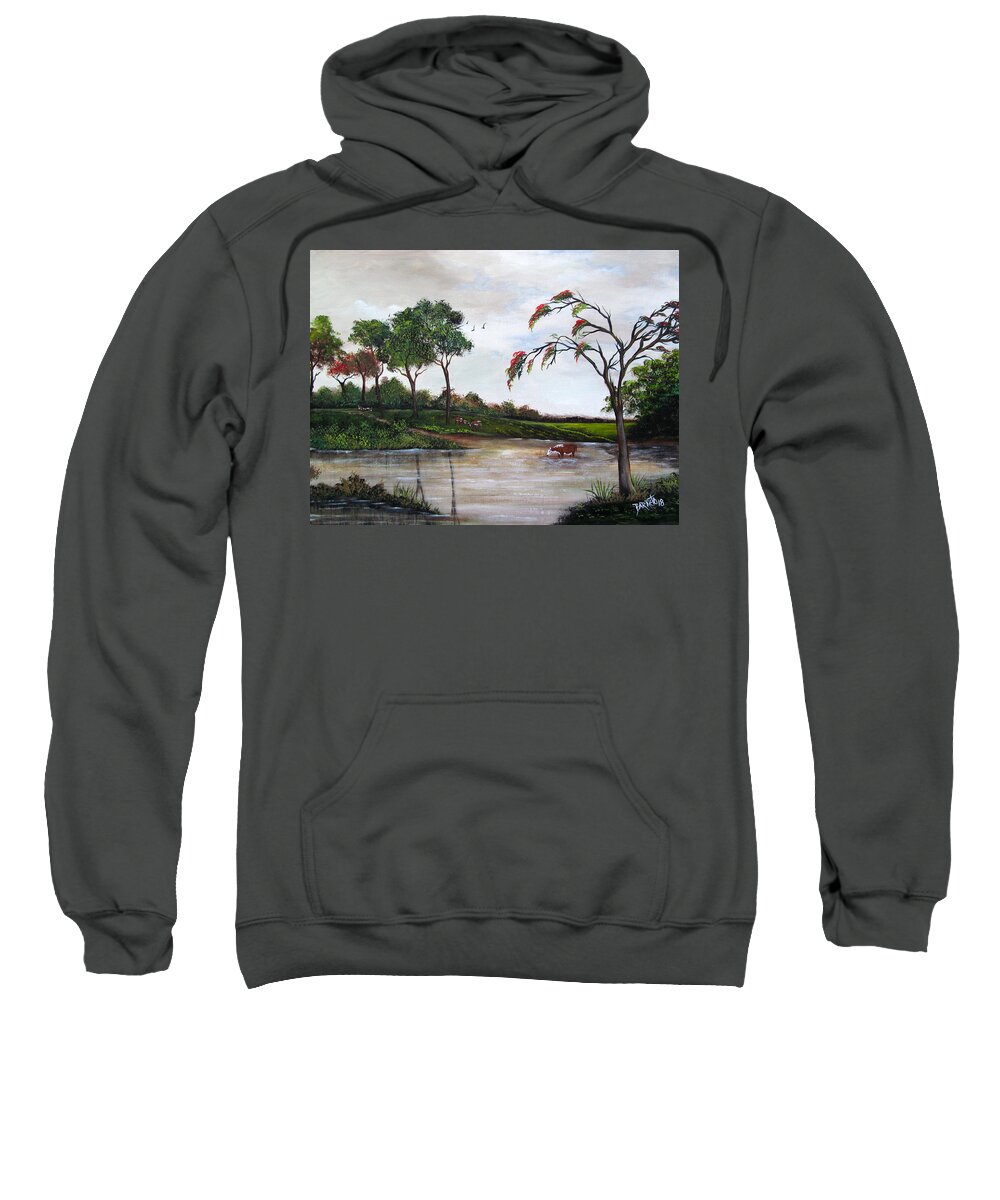 Flamboyant Tree Sweatshirt featuring the painting Cow Haven by Gloria E Barreto-Rodriguez