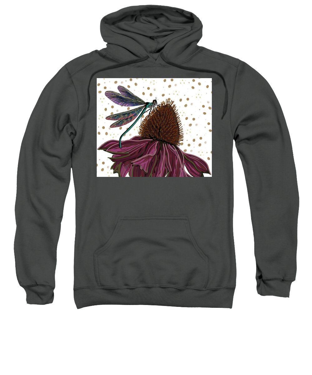 Echinacea Flower. Dragon Fly Sweatshirt featuring the drawing Dragon fly and Echinacea Flower by Joan Stratton