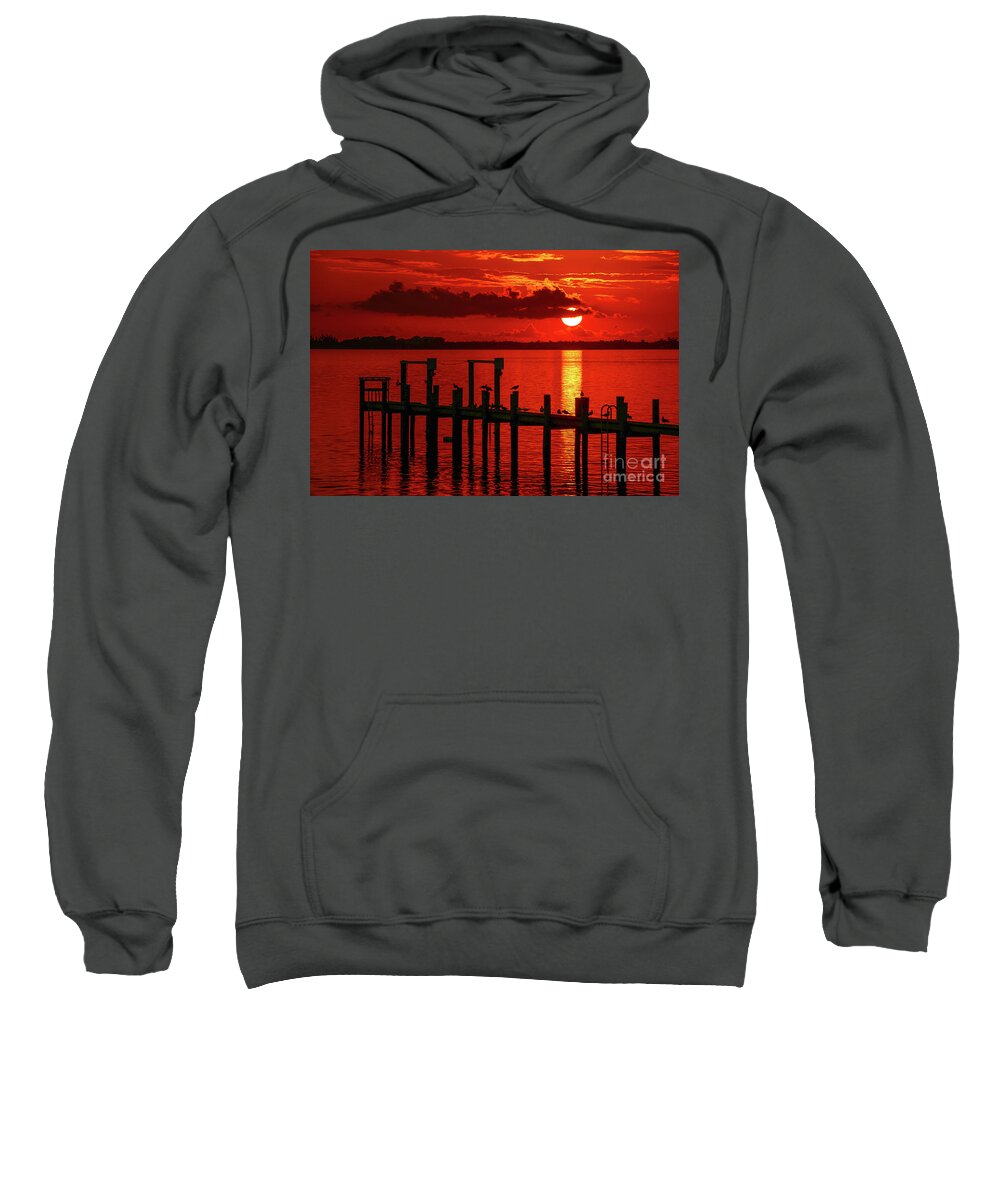 Sun Sweatshirt featuring the photograph Fireball and Pier Sunrise by Tom Claud