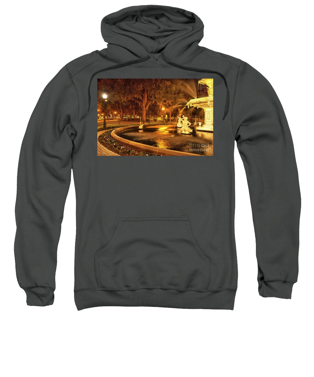 Photography Sweatshirt featuring the photograph Fountain At Night, Forsyth Park, Savannah, GA by Felix Lai