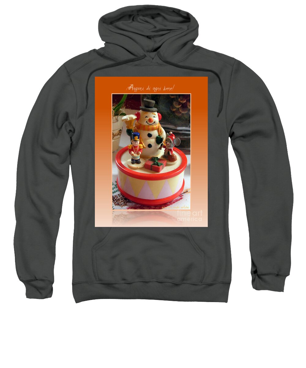 Christmas Sweatshirt featuring the photograph Frosty and Friends on a music box by Mariana Costa Weldon