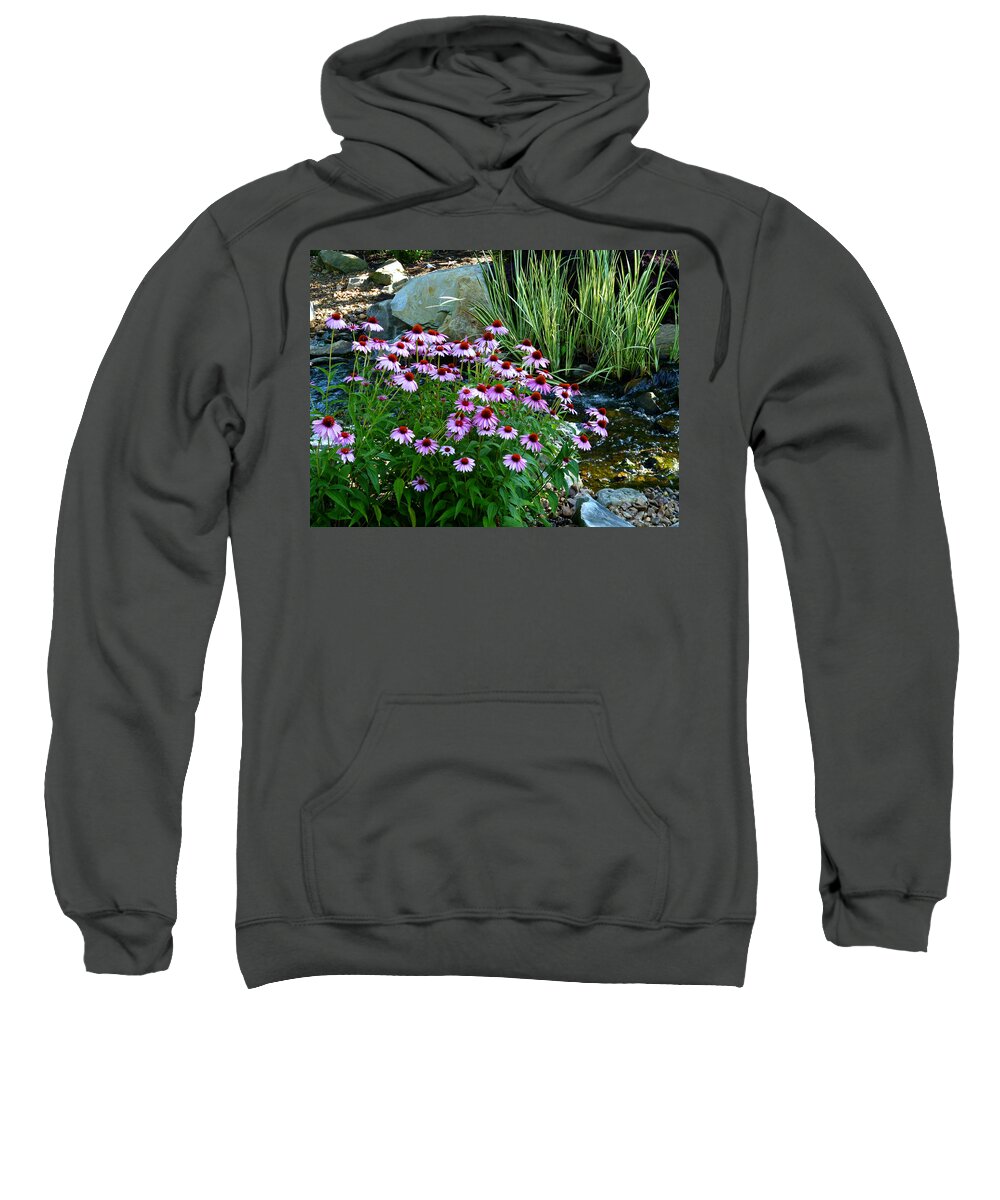 Garden Stream Sweatshirt featuring the photograph Garden Stream with Purple Coneflowers by Mike McBrayer