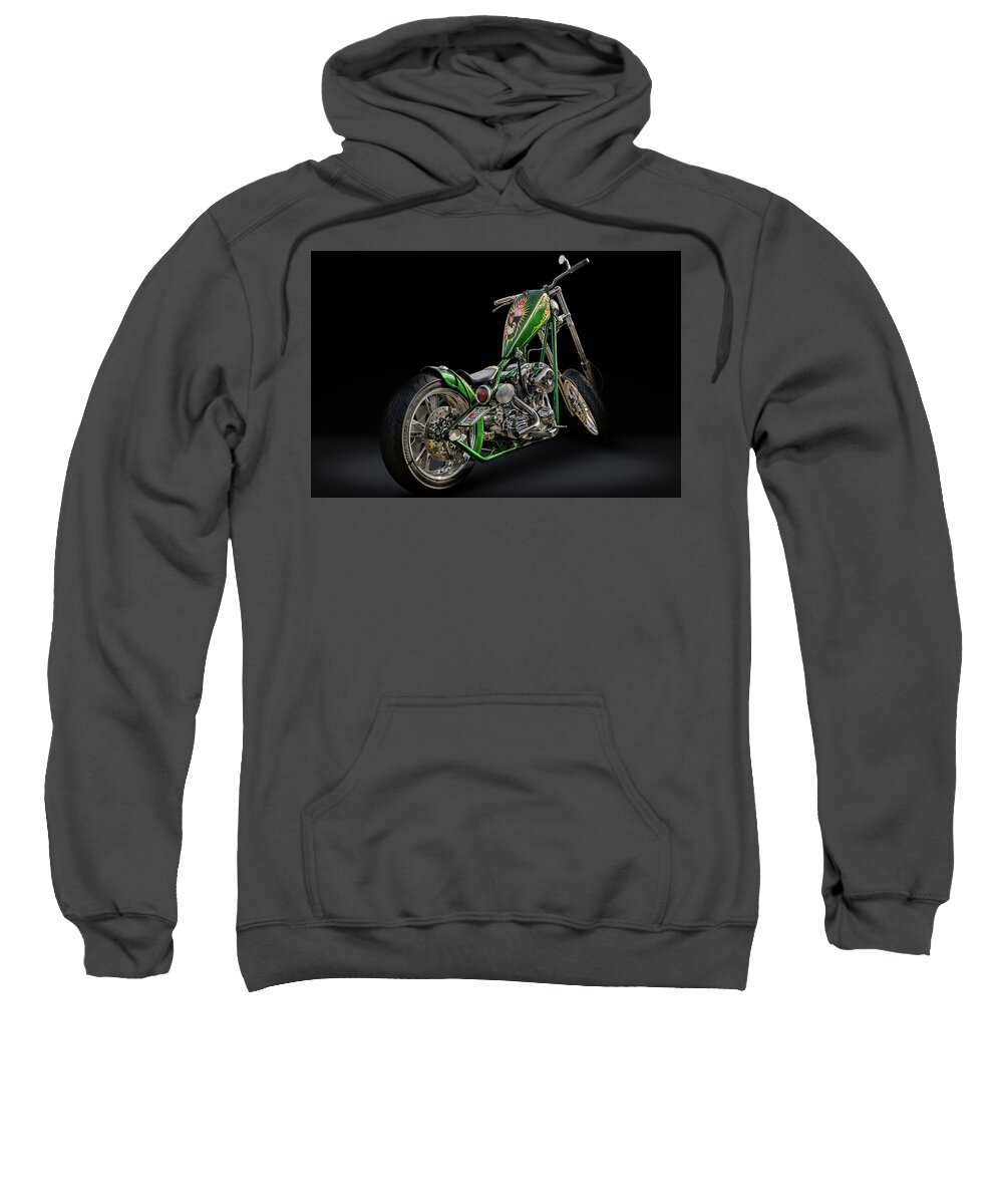 Harley Sweatshirt featuring the photograph Green/Gold Harley Chopper by Andy Romanoff