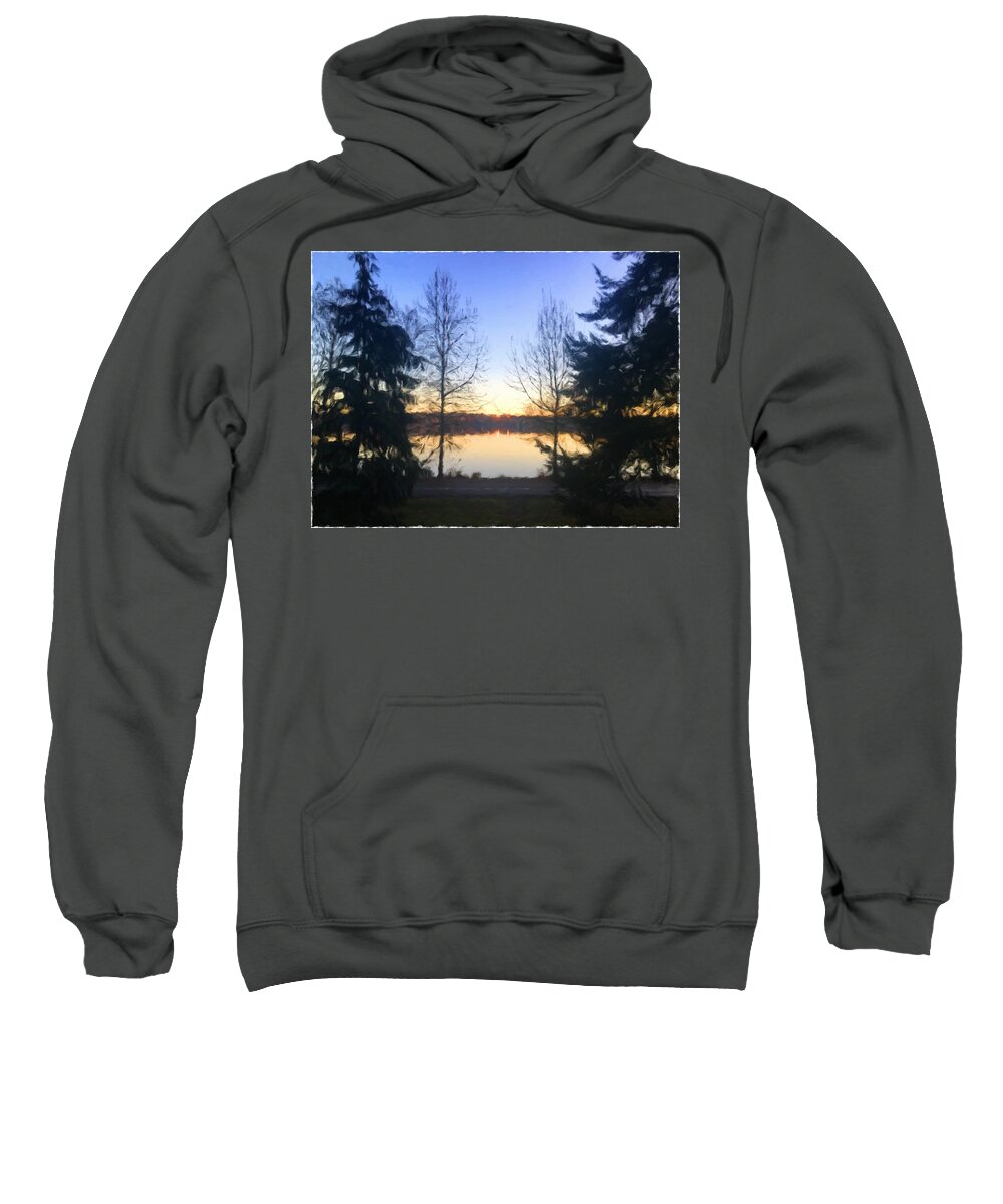Seattle Sweatshirt featuring the digital art Greenlake Dawn Evergreens by Paisley O'Farrell