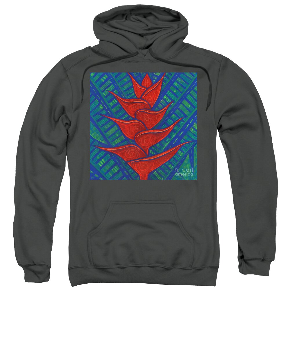 Contemporary Floral Sweatshirt featuring the pastel Heliconia, Red and Blue by Julia Khoroshikh