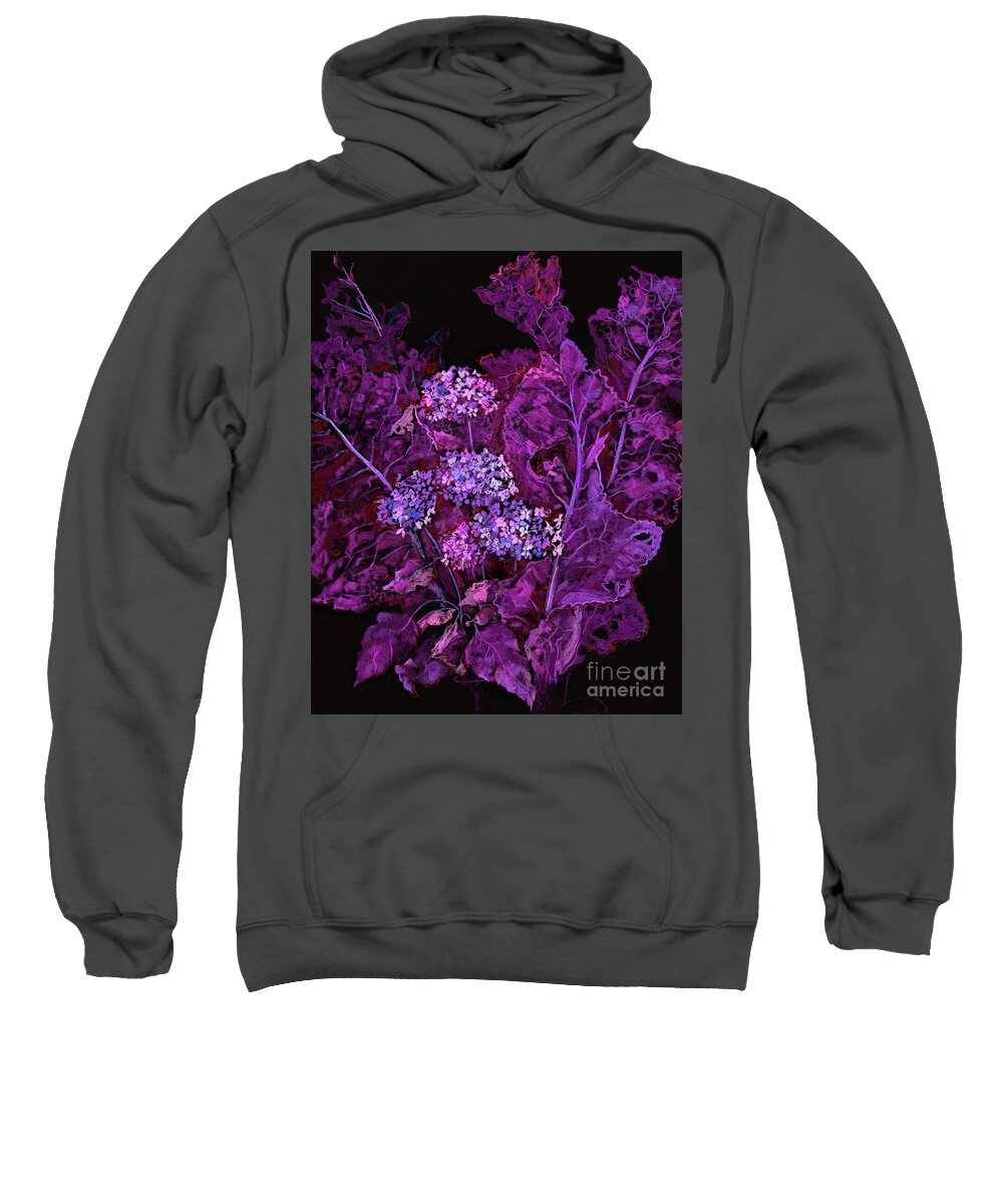 Black Purple Violet Sweatshirt featuring the mixed media Hydrangea and Horseradish Purple Black by Julia Khoroshikh