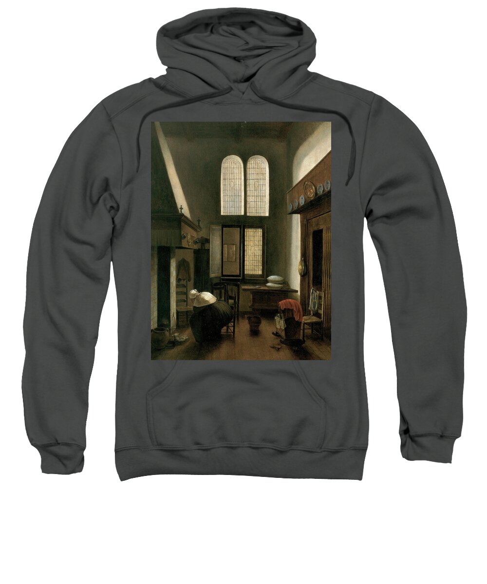 Jacobus Vrel Sweatshirt featuring the painting Jacobus Vrel -Active in Holland ca. 1654-1662-. Interior with a Woman Seated by a Hearth -ca. 165... by Jacobus Vrel -d 1662-