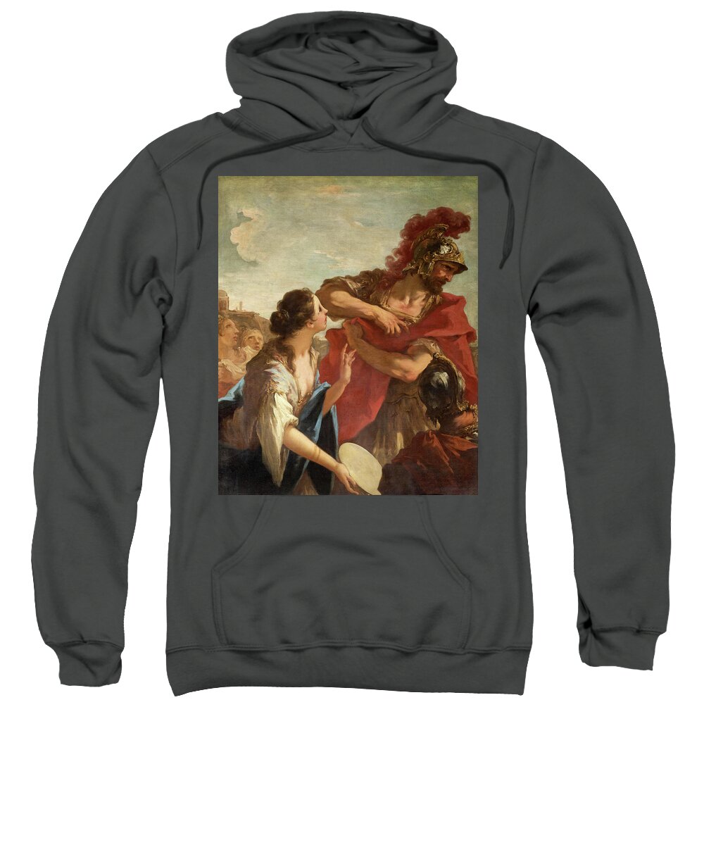 Giovanni Antonio Pellegrini Sweatshirt featuring the painting Jephthah returning from Battle is greeted by his Daughter, 1713 by Giovanni Antonio Pellegrini