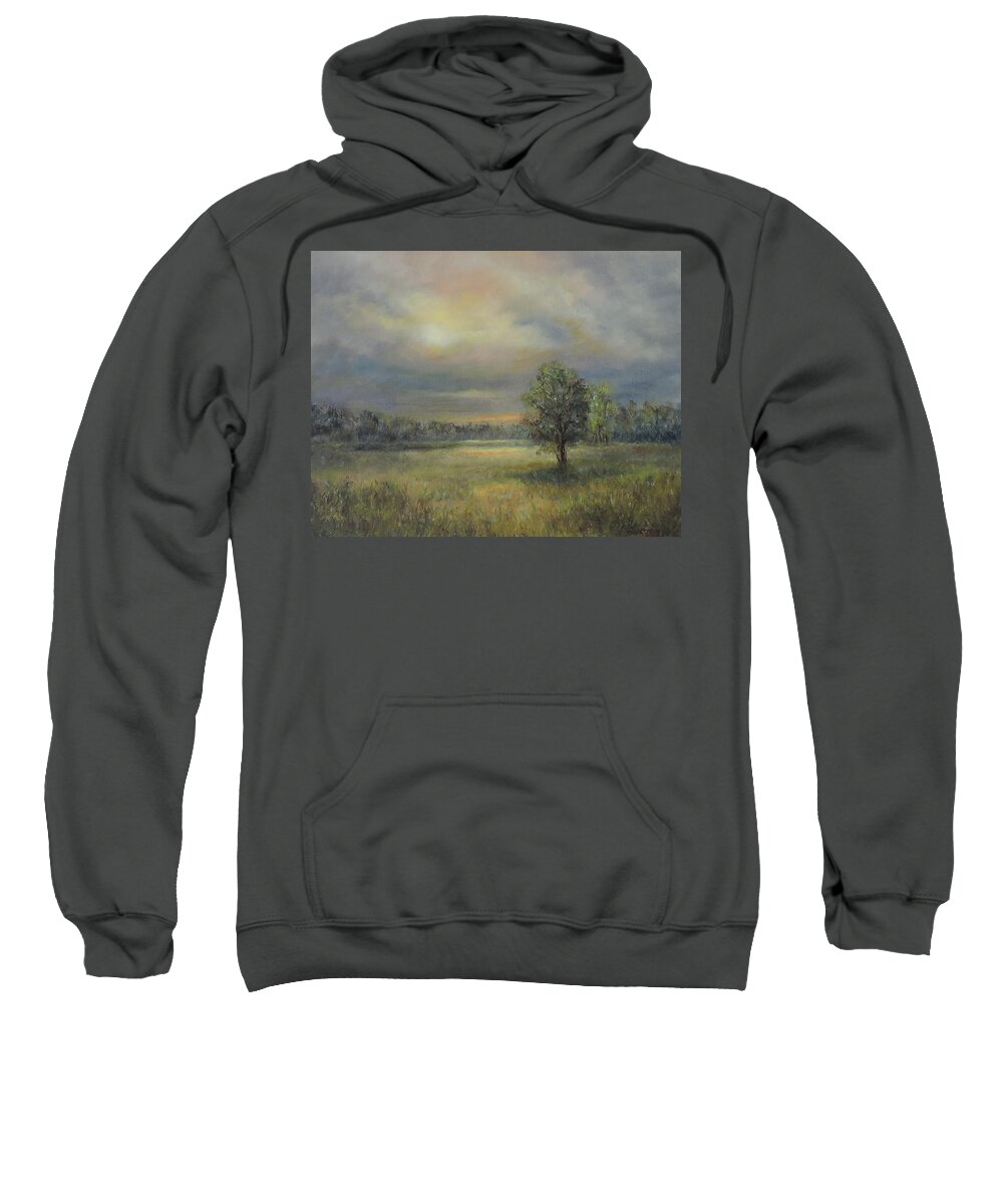 Wall Art Sweatshirt featuring the painting Landscape of a Meadow with sun and trees by Katalin Luczay