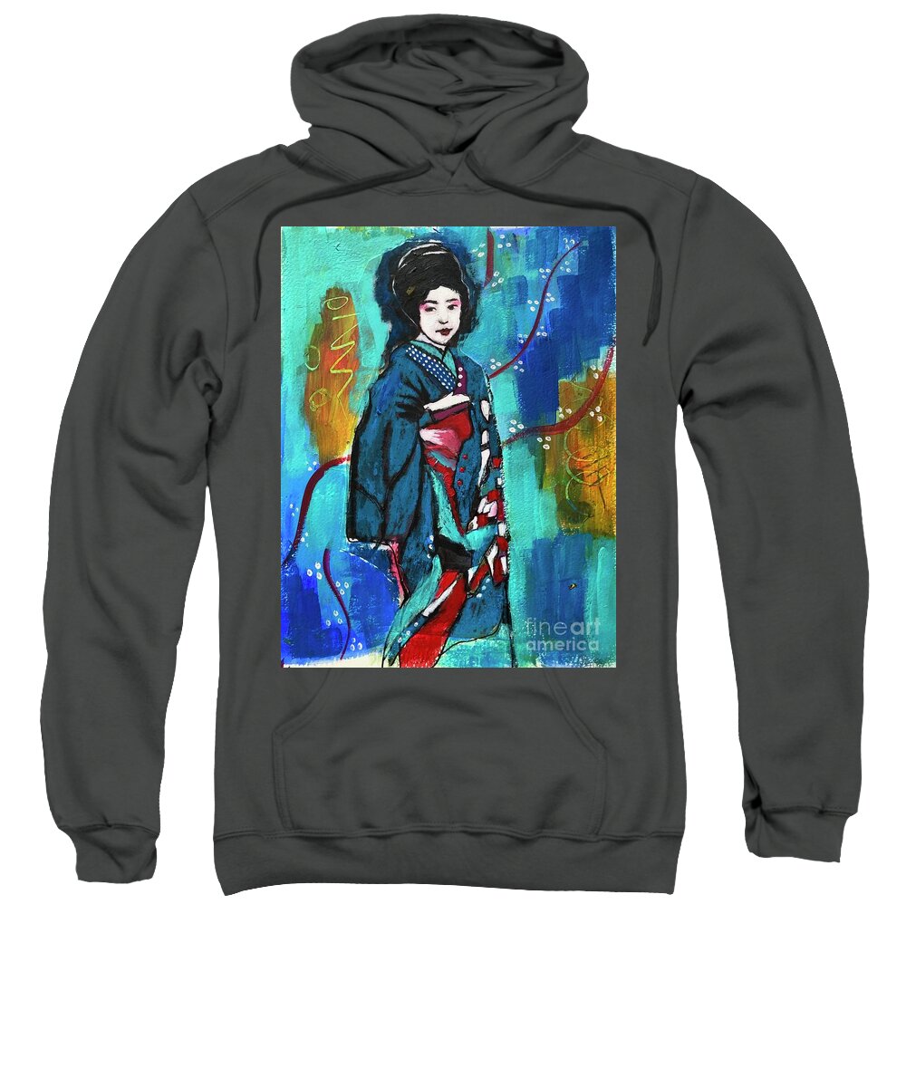 Geisha Sweatshirt featuring the mixed media Maiko in blue by Corina Stupu Thomas