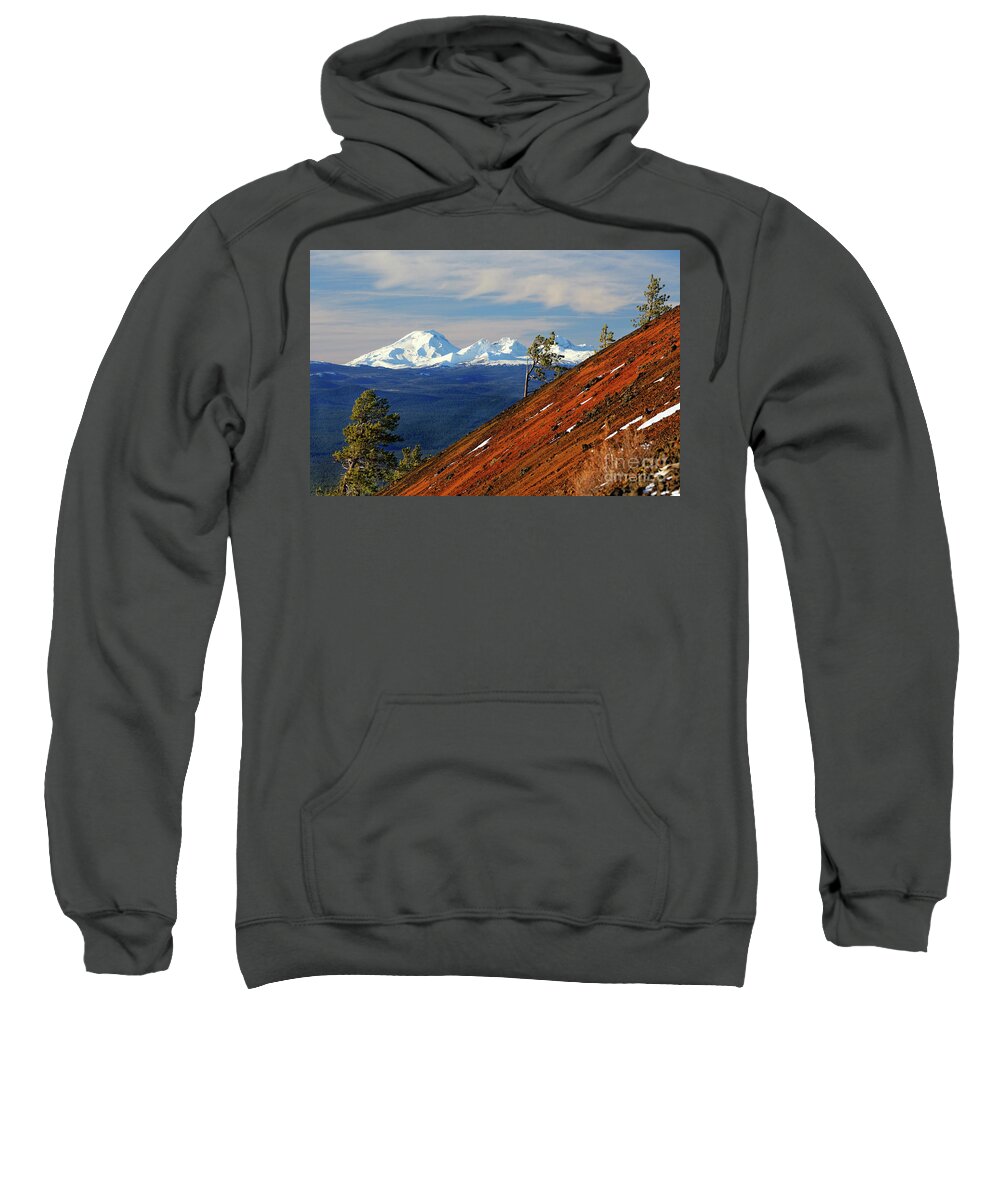 Summer Sweatshirt featuring the photograph Mokst Butte red cinder cone and distant snowy Cascade Mountains Mts and 3 Three Sisters Wilderness by Robert C Paulson Jr