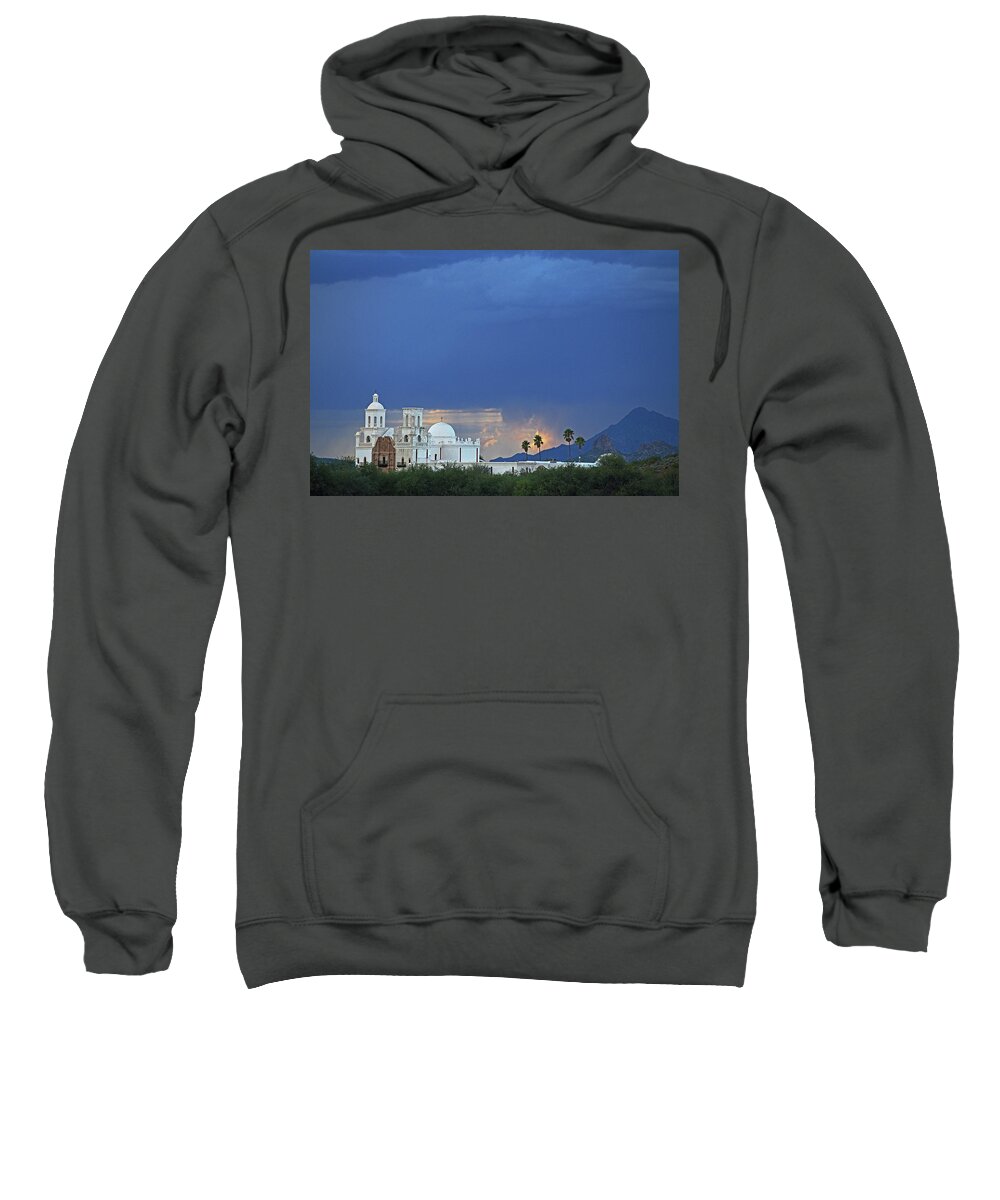 San Xavier Del Bac Mission Sweatshirt featuring the photograph Monsoon Skies over the Mission by Chance Kafka