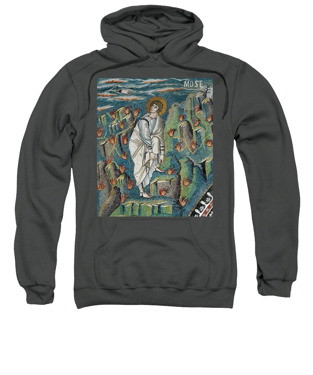 Moses Sweatshirt featuring the painting Mosaic of Moses loosening sandal on Mt. Horeb or Sinai at God's command from burning bush in Basi... by Album