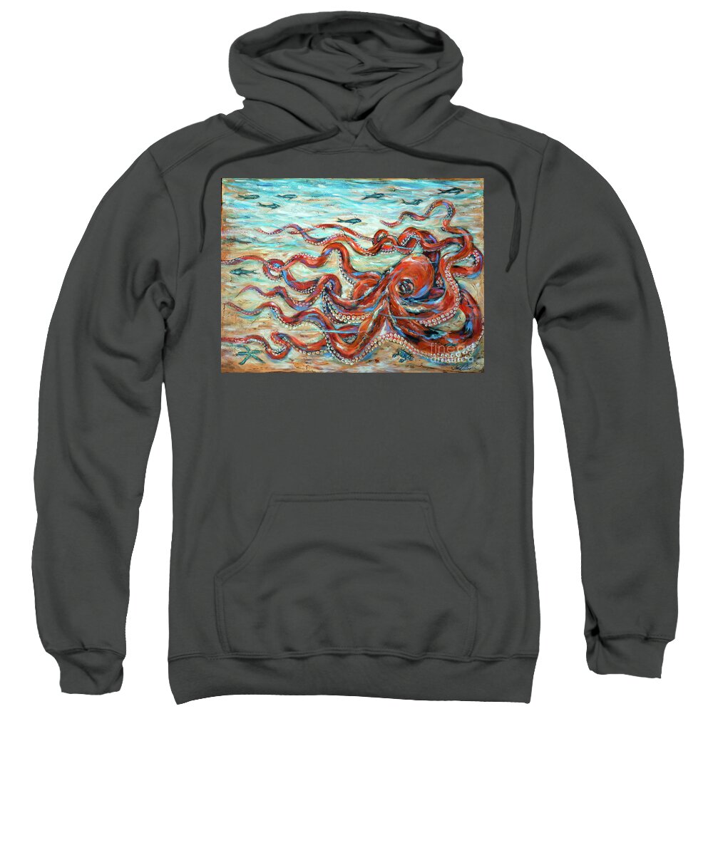 Ocean Sweatshirt featuring the painting Octopus Crawl Red by Linda Olsen