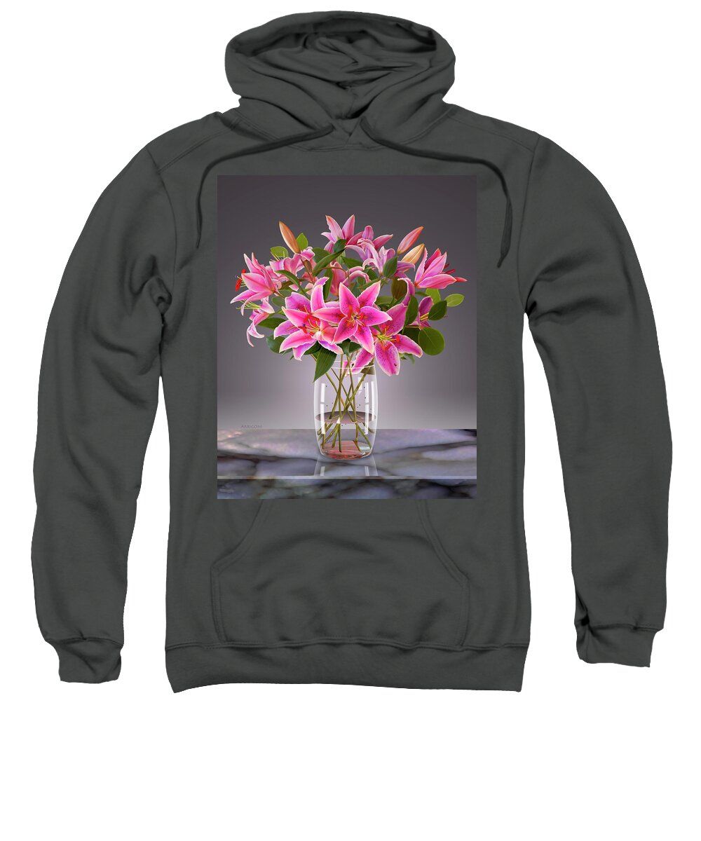 Pink Stargazer Lilies Sweatshirt featuring the painting Pink Stargazer Lilies in Vase by David Arrigoni