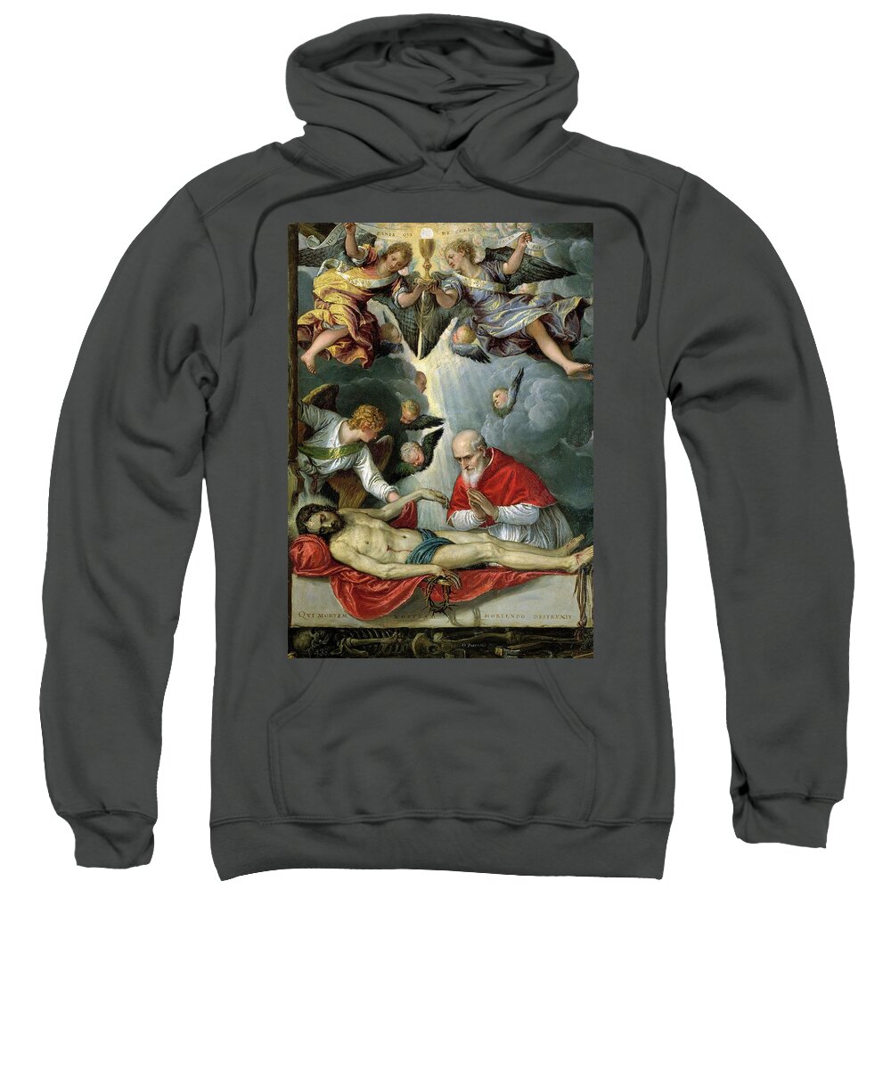 Parrasio Michele Sweatshirt featuring the painting 'Pope Pius V worshipping the body of Christ', 1572-1575, Italian School, Oil o... by Parrasio Micheli -c 1515-1578-
