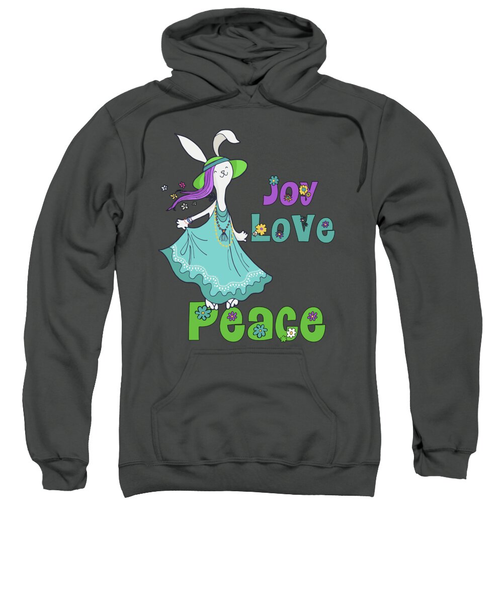 Christmas Sweatshirt featuring the digital art Retro Hippie Joy Love and Peace Dancing Holiday Bunny by Doreen Erhardt