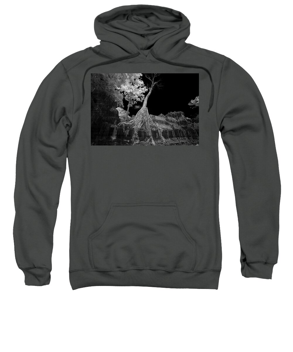 Ancient Sweatshirt featuring the photograph Ruins of Preak Khan in Cambodia in black and white infrared by Karen Foley