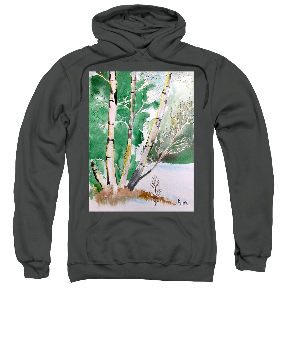 Silver Sweatshirt featuring the painting Silver Birch In Snow by AHONU Aingeal Rose