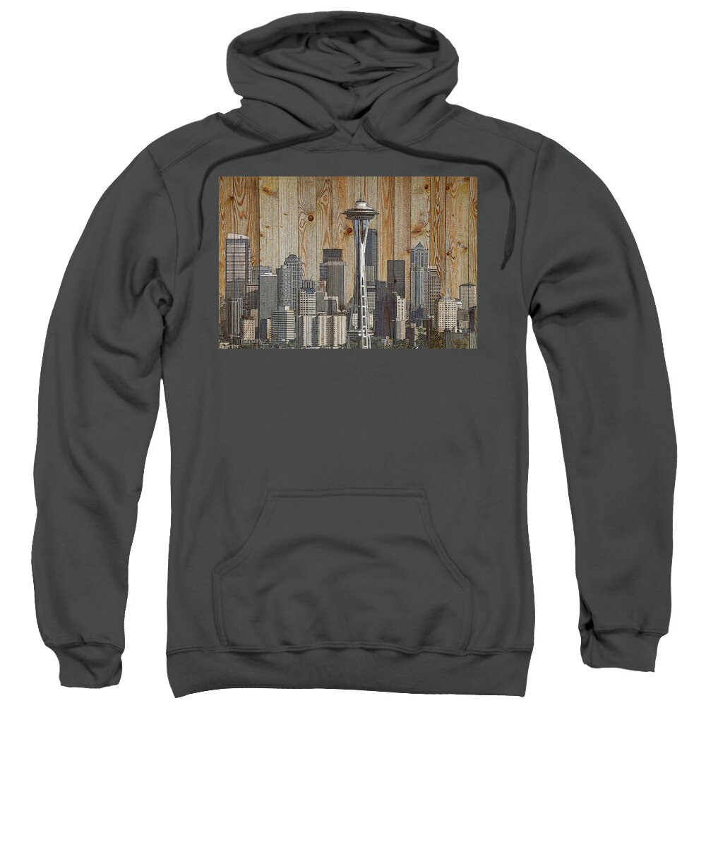 Seattle Sweatshirt featuring the mixed media Skyline of Seattle, USA on Wood by Alex Mir