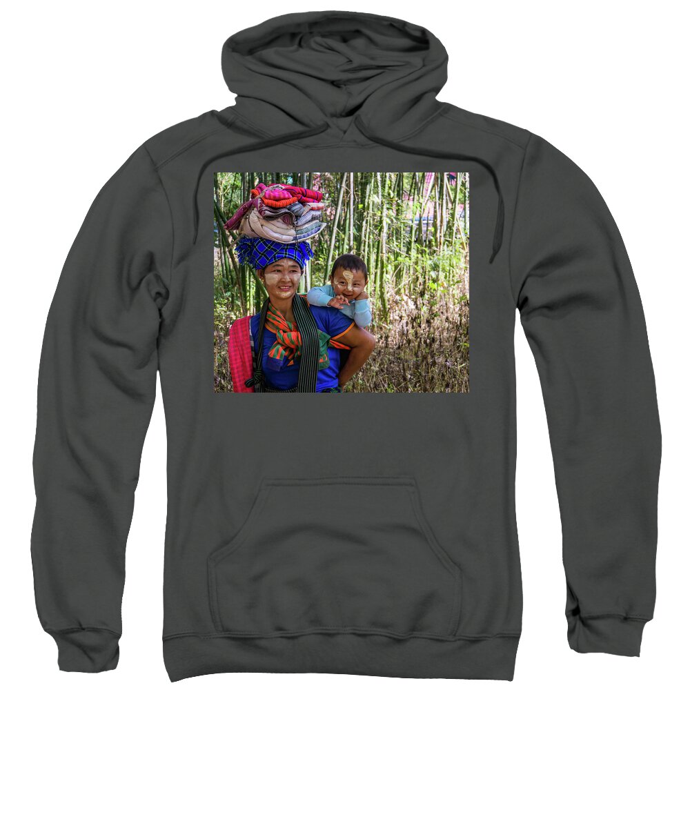 Woman Sweatshirt featuring the photograph smiling Burmese mother with her laughing baby by Ann Moore