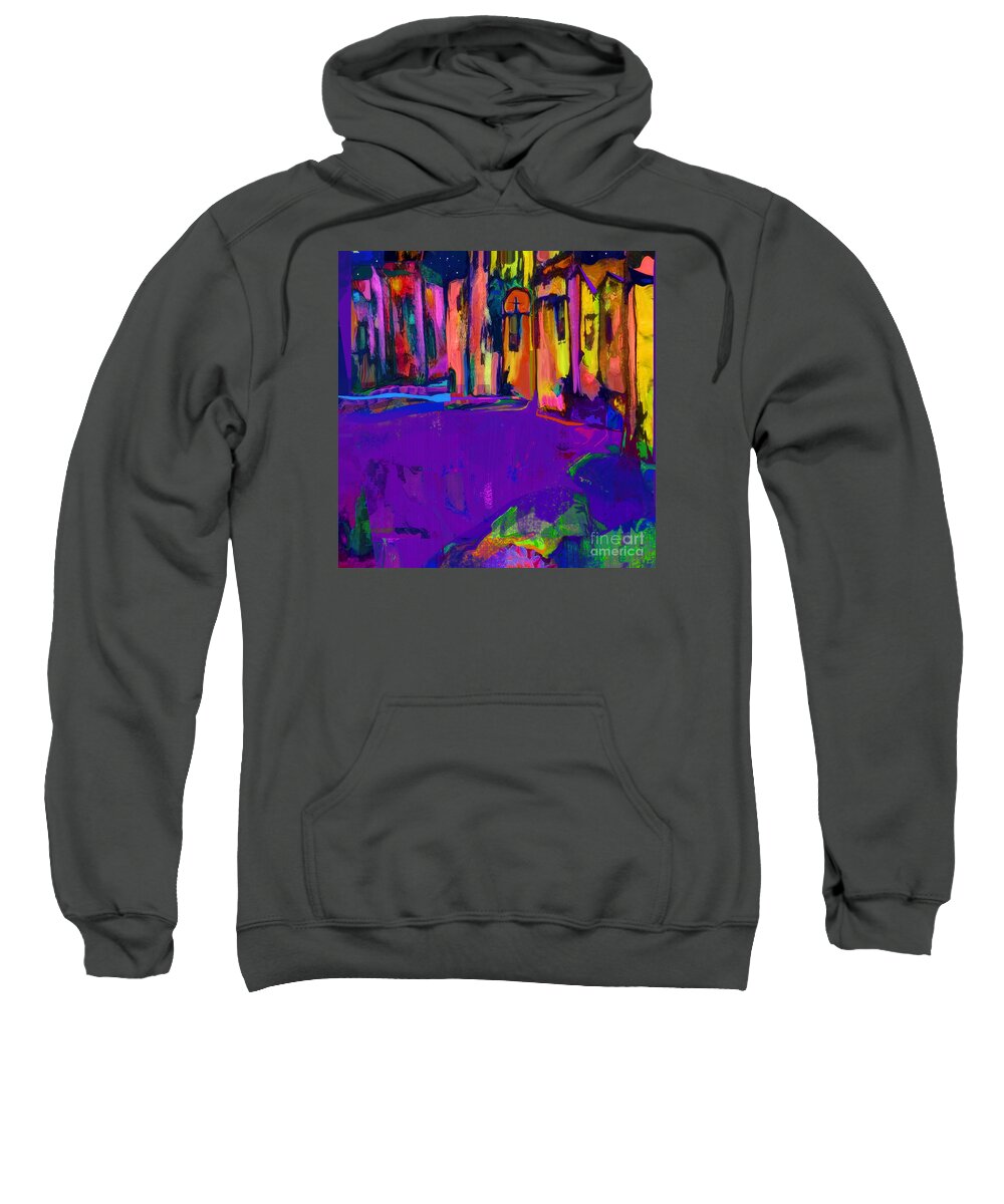 Square Sweatshirt featuring the mixed media Good Night Santa Fe in Lavender and Gold by Zsanan Studio